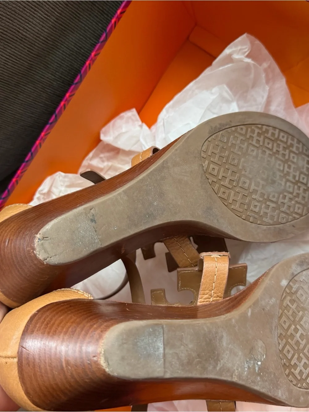 Tory Burch Tan Leather Miller Logo Sandals